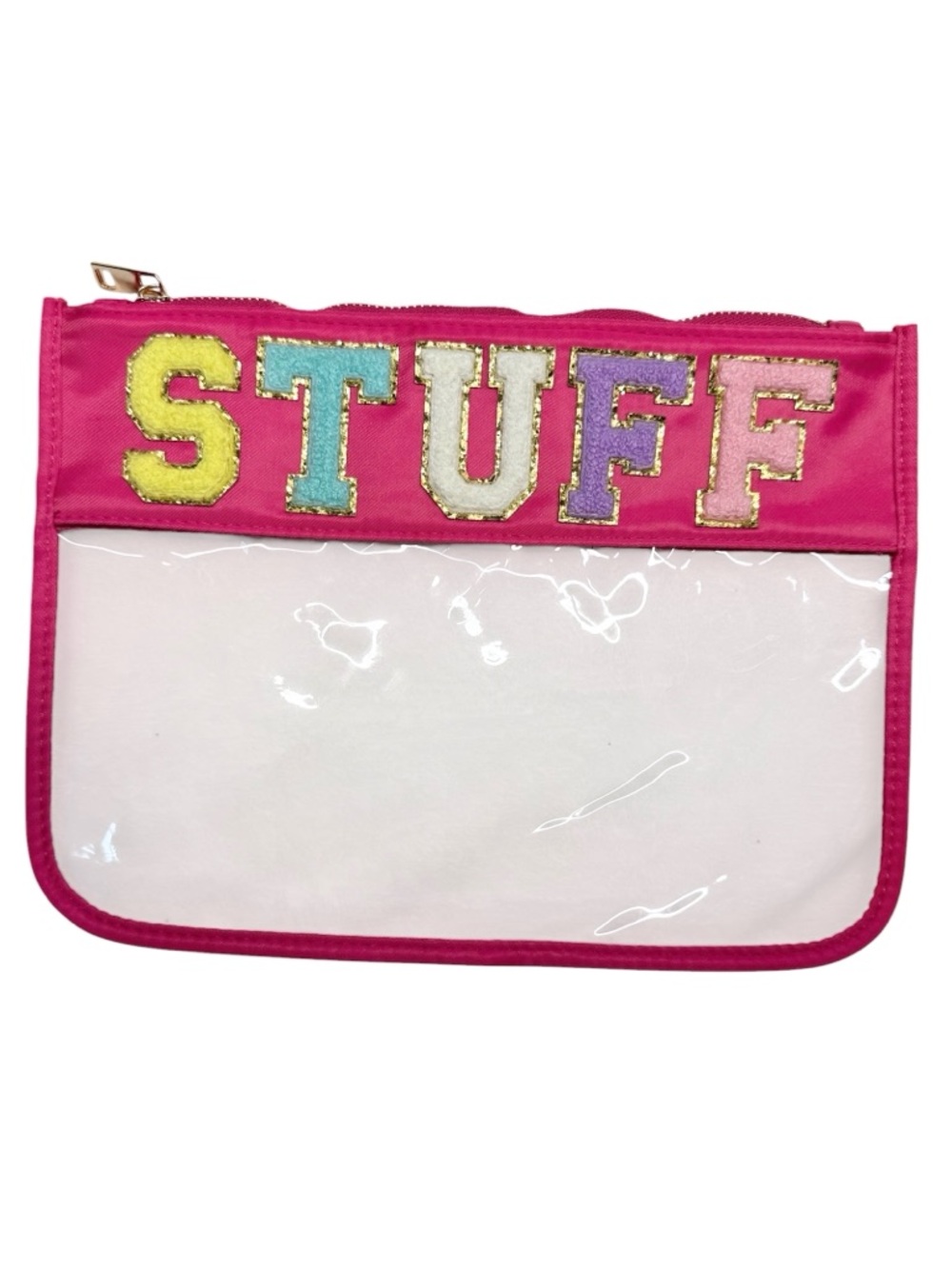 Pink Clear "STUFF" Zip Pouch Makeup Pencil Bag
